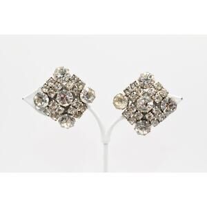 Weiss Vintage Clear Rhinestone Clip Earrings Rhodium Plated Signed